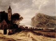 Philippe de Momper An extensiver river landscape with a church,cattle grazing and a traveller on a track Spain oil painting artist